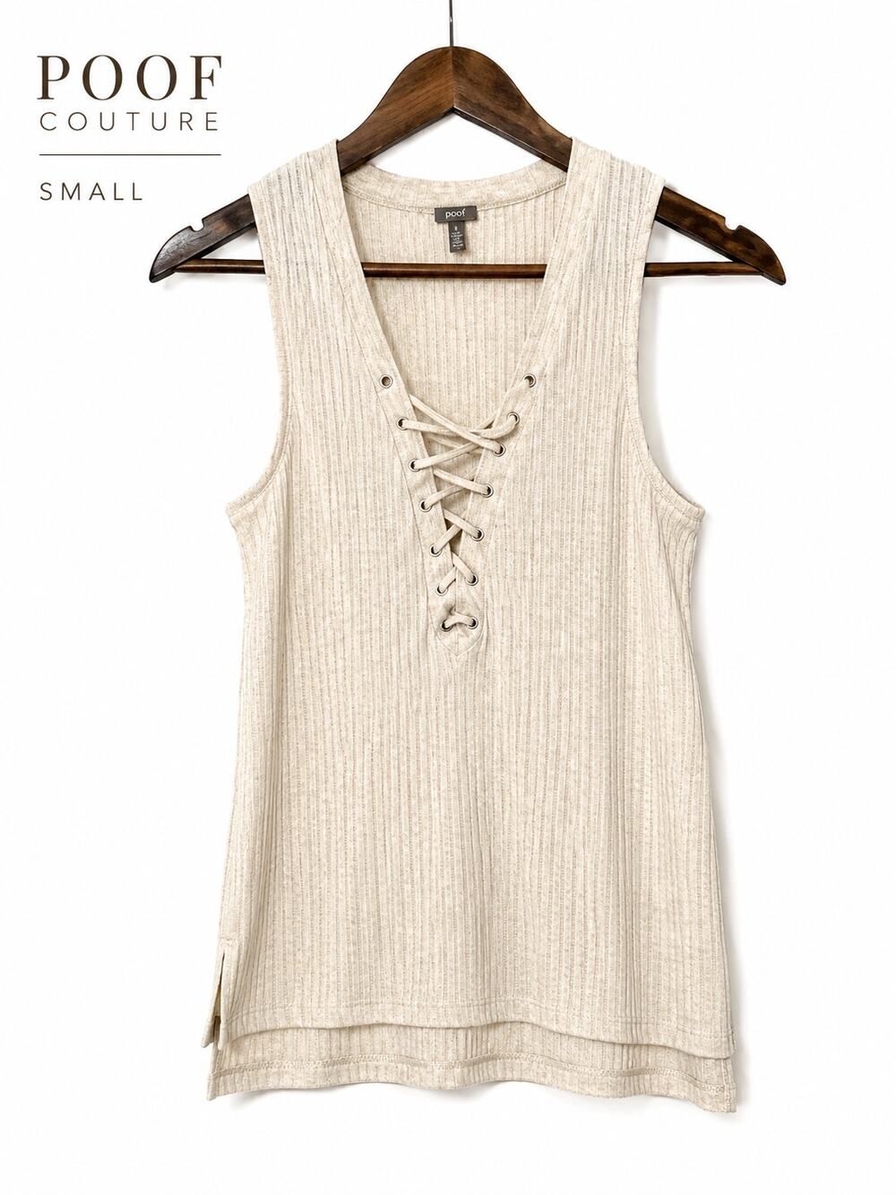 Poof Couture Ribbed Lace Up Tank Top Beige Small Sleeveless Casual Boho